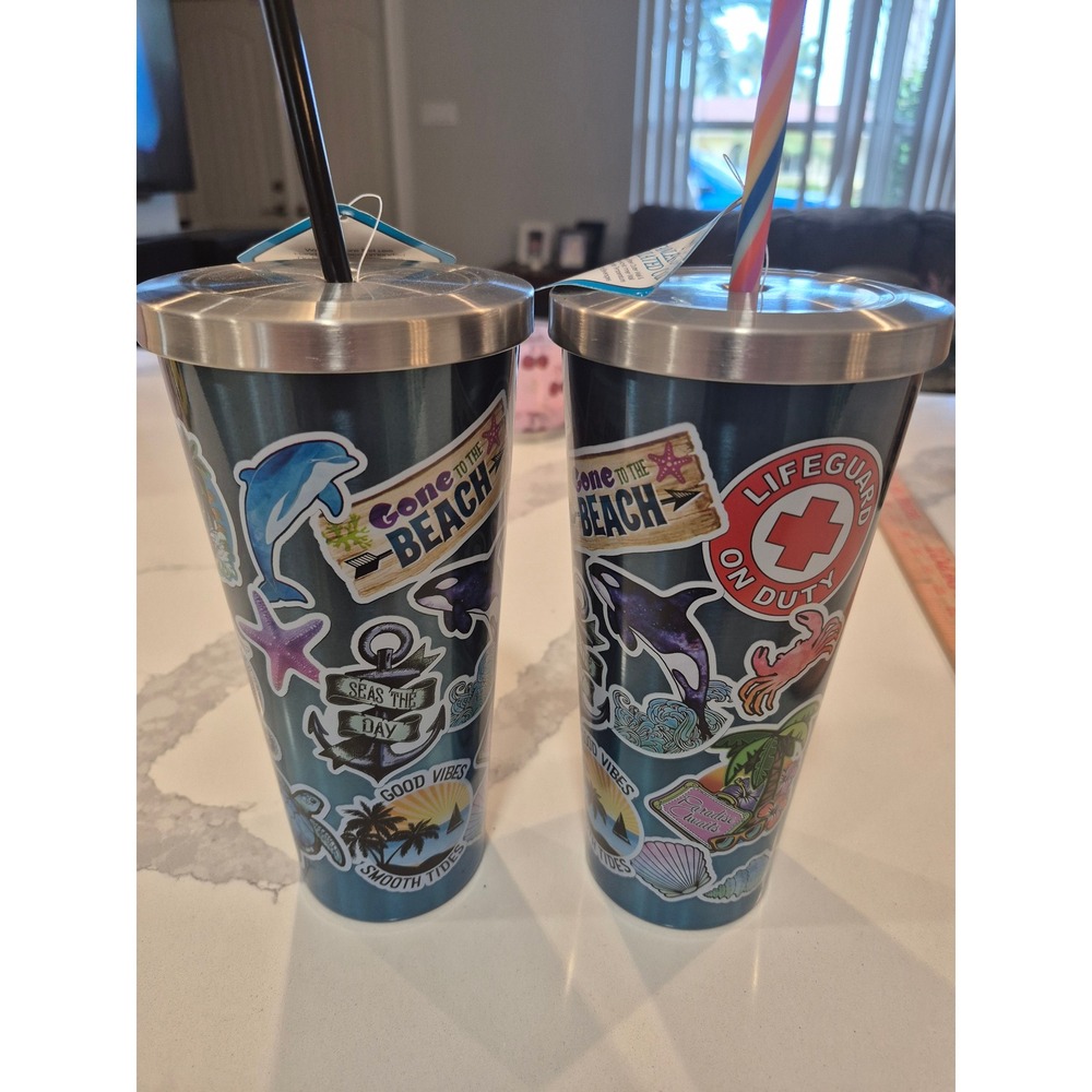 Set‎ of 2 Beach Sticker Wrap 24oz Stainless Steel Insulated Tumblers with Straws - Picture 5 of 5